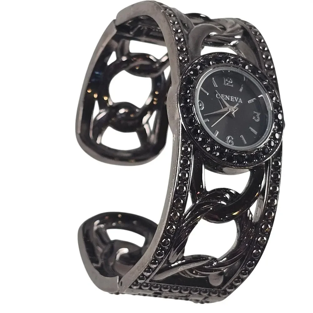 Women's Bangle Cuff Watch Gunmetal Chain Link Design Face Black Dial Geneva